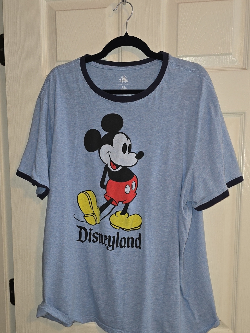 Disney Light Blue Ringer Tee with Mickey Graphic and Navy Trim